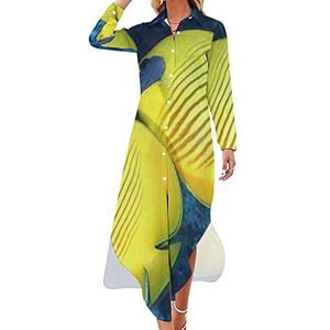 Gele tropische vissen dames maxi-jurk lange mouwen knopen overhemd jurk casual feest lange jurken XL