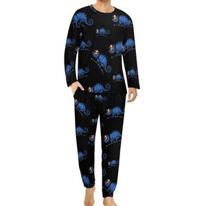Blue Horrified Chameleon Comfortabele Heren Pyjama Set Ronde Hals Lange Mouw Loungewear met Zakken 5XL