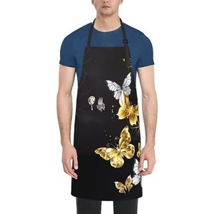 ZhaoYuGoods Vegetatiebladeren met hibiscus-bloemenschorten met zakken voor dames en heren, stijlvolle kookschorten voor keuken, tuinieren, salon, ideale schort met print, Goud Witte Vlinders Zwart