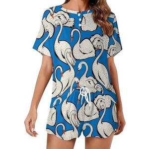 Zwaan Vogels Blauw Zachte Dames Pyjama Korte Mouw Pyjama Loungewear met Zakken Gift voor Thuis Strand XL