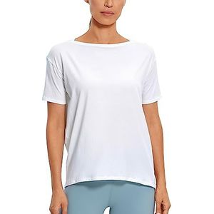 CRZ YOGA Damen Sport Top Fitness Kurzarm Leichte Sommer Loose T Shirt Atmungsaktiv Baumwolle Yoga Oberteile wit L