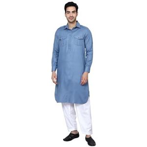 Lakkar Haveli Heren Pakistaanse traditionele blauwe shirt Kurta bruiloft feest dragen grote lange witte pyjama broek set katoen (Medium), Blauw, M