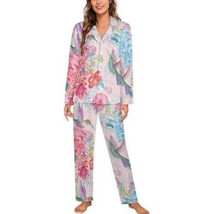Tropische Bloemen En Kolibries Pyjama Sets Met Lange Mouwen Voor Vrouwen Klassieke Nachtkleding Nachtkleding Zachte Pjs Lounge Sets