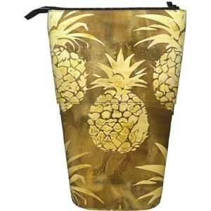 Evengigy Gouden Ananas Achtergrond Print Leuke Potlood Case Met Zip Verstelbare Stand Potlood Houder Grappige Make-up Tas, Zwart, Eén maat, Tas Organizer