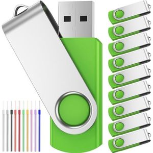 USB-geheugenstick 1 GB 10-pack USB 2.0-flashstations Draagbare USB-sticks Multipack-penaandrijving 1GB Jump-drives Groene Bulk Stijlvolle Pendrives Gegevensopslag met lanyards FEBNISCTE
