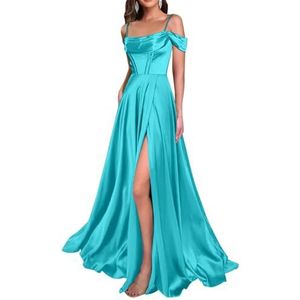 WSEYU Satijn Bruidsmeisjes Jurken Spaghetti Bandjes Galajurken Koude Schouder Formele Avond Feestjurk ZM211, Turkoois, 46 grote maten