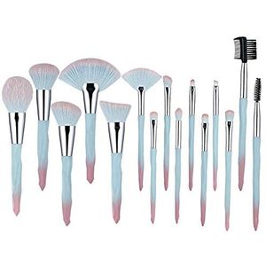 Eljjhah Make-up Borstels Set Professionele 15 stks Kit Blauw Groot Losse Poeder Hoogglans Oogschaduw Foundation Contour Synthetisch Haar (Handvat Kleur: Roze Blauw)