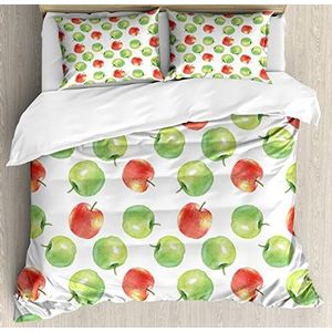 ABAKUHAUS appel Dekbedovertrekset, Aquarel Fruit Pattern, Decoratieve 3-delige Bedset met 2 Sierslopen, 230 x 220 cm - 70 x 50 cm, Dark Coral Apple Green