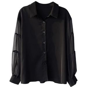 ROUZIHU Retro Lantaarn Mouw Zwart Chiffon Shirt Dames Revers Temperament Licht Top(Schwarz,XXL)