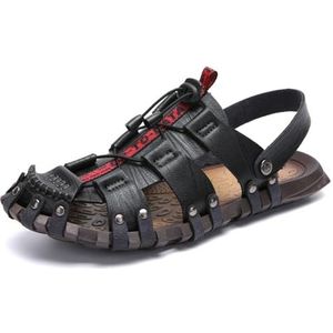 Casual zachte sandalen voor mannen, handgemaakte gesloten teen strandschoenen, mode zomer trek op vissersschoenen, Zwart, 44 EU