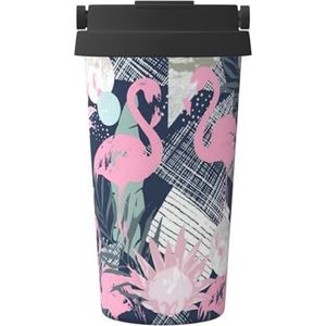 Roze flamingo en bladeren print reizen koffiemok lekvrije thermosbeker geïsoleerde beker voor kantoor camping