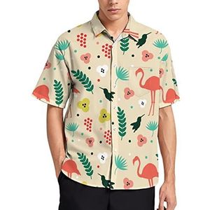 Flamingo Hawaïaans shirt met vogel en bloem voor heren, zomer, strand, casual, korte mouwen, button-down shirts met zak