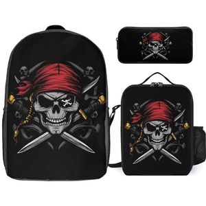 Dead Man's Chest Skull Crossbone Piraat Grappige 17 Inch Laptop Rugzak Lunch Tas Etui Lichtgewicht 3-delige Set voor Reizen Wandelen Camping