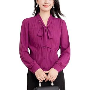 ROUZIHU Gekreukt Chiffon Shirt Strik Slanke V-hals Shirt Dames Lange Mouw Kort Shirt(Rose Red,XXL)