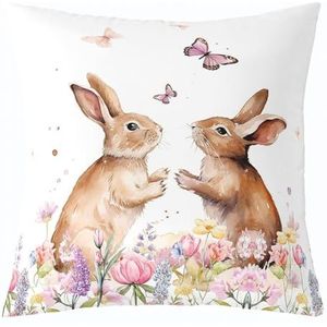Kussenslopen met konijn, 50 x 50 cm, set van 4 decoratieve kussenslopen met paasthema voor sofa, bed, stoel, auto, botanische bloemenprint, boerderijdier, outdoor kussenslopen