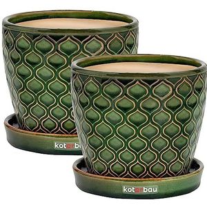Kotarbau Bloempot, sierpot, keramisch, vintage, diameter 12 cm, met lekbak, visschubbenpatroon, groen, 2-delig