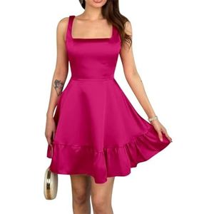 Dames spaghettiband satijnen thuiskomst jurken korte A-lijn prom party jurken voor tieners, Fuchsia, 32
