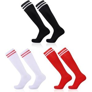 SKHAOVS 3 paar voetbalsokken voor kinderen, voetbalsokken voor meisjes, jongens, basketbalsokken, rugbytennis, kniehoge sportsokken voor 5-12 jaar, wit, zwart, rood, One size