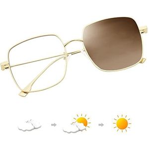 JM Mode Metalen Optische Bril Frame Vierkant Anti Blauw Licht Computerbril Oogbescherming Dames, Gouden frame/fotochroom (helder in bruin), Lens width: 58mm, Lens height: 52mm, Arm length: 138mm