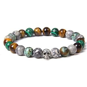 Schedel Armbanden voor Mannen Natuurlijke Tijgeroog Armband Homme Sieraden 8 MmPolished Afrikaanse Turkoois Kralen Bangle Verzilverd, Malachiet, 17cm