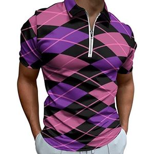Roze Paars Argyle Diamanten Half Zip-up Polo Shirts Voor Mannen Slim Fit Korte Mouw T-shirt Sneldrogende Golf Tops Tees L