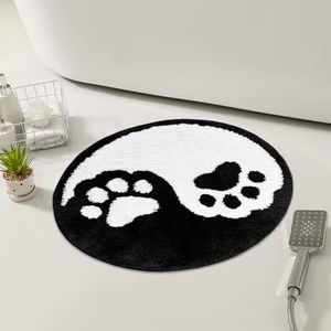 Feblilac Zwart wit kat badkamertapijt, Yin Yang rond badtapijt, schattige mooie dieren badkamermat, wasbare microvezel antislipmatten voor binnen woonkamer sneldrogende tapijten
