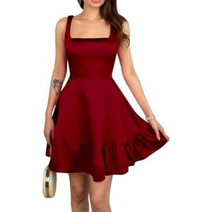 Dames spaghettiband satijnen thuiskomst jurken korte A-lijn prom party jurken voor tieners, Bordeaux, 34