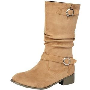 Plus Size Enkellaarsjes Damesmode Korte Laarzen Met Dubbele Gesp Retro Suède Enkellaarsjes Instaplaarzen Met Lage Hak Casual Instapschoenen for Lente, Herfst(Beige,43 EU)