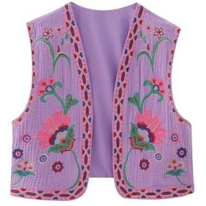 Vrouwen Vintage Geborduurd Bloemenvest Top Y2k Mouwloos Open Voorkant Crop Vest Boho Bloemenvest Jas(Color:Purple,Size:Large)