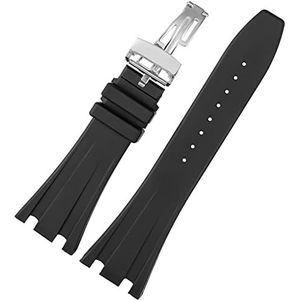 SKM Zwarte siliconen rubberen horlogeband voor Audemars voor Piguet Strap 28 mm horloge ap-band herenarmband vlindergesp gereedschap (kleur: zwart zilveren gesp, maat: 28 mm)