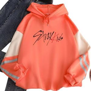 JFSKFOU Kpop Stray Kids Heren Hoodies Casual Streetwear Gestreepte Contrast Kleur Hoodies voor Mannen Vrouwen, Oranje, S