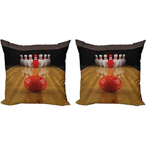 ABAKUHAUS bowling Party Sierkussensloop set van 2, Red Skittle Ball, Ritssluiting en Print aan Beide Zijden, 50 cm x 50 cm, Bleke Bruin Rood Wit