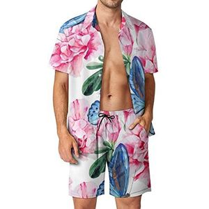 Roze Azalea En Blauwe Vlinders Hawaiiaanse Sets voor Mannen Button Down Korte Mouw Trainingspak Strand Outfits M