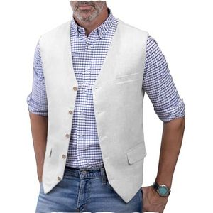 AeoTeokey Linnen vest voor heren, zomerpak, vest, V-hals, lichtgewicht, casual vest, normale pasvorm, Wit, XL