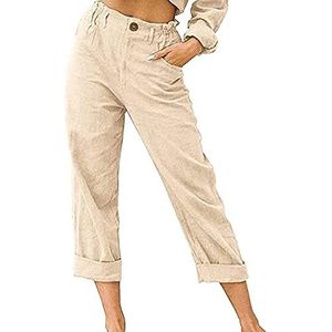 Dames katoenen broek 7/8 zomerbroek Comfortabele losse effen kleur vrijetijdsbroek met zakken (Color : Beige, Size : M)