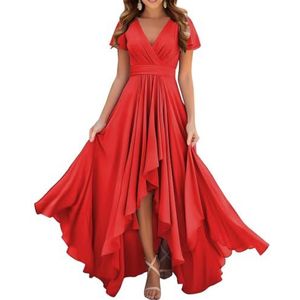 Dames chiffon bruidsmeisjes jurken met split lange galajurken ruches cocktailjurk plus size, Rood, 32