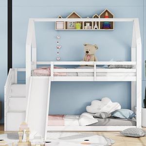 Doyisy Stapelbed met opbergtrap en glijbaan, huisbed, kinderbed met leuning, geschikt voor kinderen, jongeren, 90 x 200 cm, wit