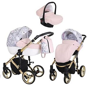 Lux4Kids Kinderwagen, buggy, 3-in-1, 2-in-1, Isofix-selectie, Tiara Gold by Pink Flowers G07, 2-in-1, zonder babyzitje