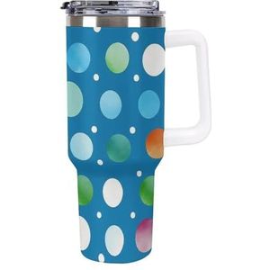 RTFGHJS 40 oz Tumbler Blauw Polka Dot Geïsoleerde Tumbler Reizen Koffiemok met Rietjesdeksel Roestvrijstalen Waterfles Vacuüm Geïsoleerde Tumbler voor Sport Werk Auto Reizen Weekends