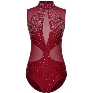 NUOYIXUAN Jumpsuit voor ritmische sportgymnastiek, kunstschaatsshirt, doorzichtig netweefsel, mouwloos, ballet-bodysuit voor dans, yoga, shirts (bordeauxrood, XXL)