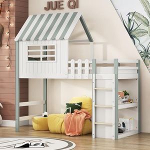 Aunlva Kinderbed, 90 x 200 cm, hoog en laag, voor jongens en meisjes, dakvorm met veiligheidsladder met opbergvak, multifunctioneel bed, massief houten bed met lattenbodem, groen