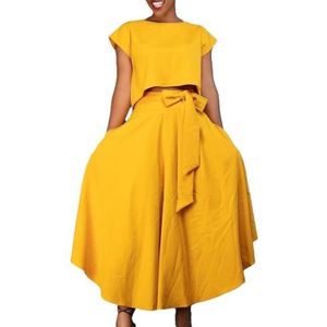 Elegante 2-delige Outfits Voor Dames Ronde Hals Korte Mouwen Casual Crop Top En Hoge Taille Onregelmatige Zoom Zwierige Maxi Rok Set (Color : Yellow, Size : M)