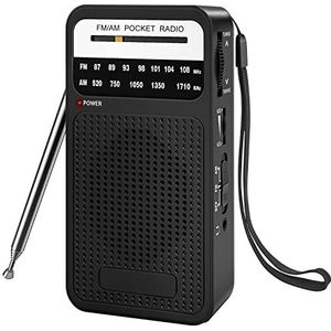 Zakradio, werkt op batterijen, FM/AM, kleine radio met ingebouwde stereoluidspreker/hoofdtelefoonaansluiting, draagbare radio's met AA-batterijvermogen voor wandelen, joggen en kamperen (zwart)