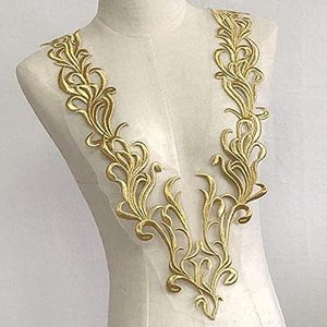 Yulakes Goud borduurwerk kant applicatie patch goud pailletten kant hals kraag bruiloft nobele jurk naaien DIY bruidsjurk decoratie kleding accessoires (stijl 2)