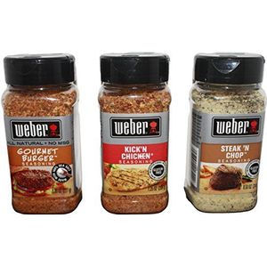 Weber All Natural Seasoning Blend 3 Flavor Variety Bundle: (1) Weber Gourmet Burger Seasoning Blend, (1) Weber Steak 'N Chop Seasoning Blend, and (1) Weber Kick'N Chicken Seasoning Blend 7.25-8.5 oz each