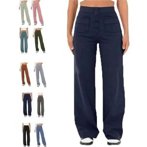 BAWUTZ Casual stretchbroek met hoge taille voor dames, rechte broek met hoge taille met zakken, casual stretchbroek, super elastische hoge taille, rechte broek (marineblauw, L)