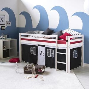 Homestyle4u 2538, leuk kinderhoogslaper piraat, wit/zwart, 90 x 200 cm, hout, kinderbed, speelbed met ladder en lattenbodem