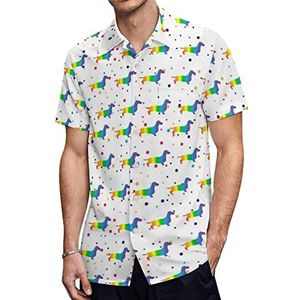 Regenboog Daschund Heren Hawaiiaanse Shirts Korte Mouw Casual Shirt Button Down Vakantie Strand Shirts 4XL