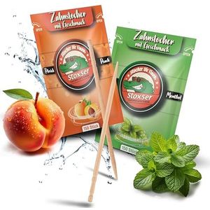 Stoxser Tandstokers met smaak, verpakking van 2 stuks, perzik en mint/menthol, smaakrevolutie, geen kauwgom, ondersteunt tandpasta, tandsteenverwijderaar, tandzijde, suikervrij, 300 stuks