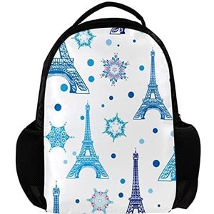 Gepersonaliseerde Rugzak voor vrouwen en man Blue Paris Eiffeltoren Sneeuwvlok School reizen werk Rugzak, Meerkleurig, 27.5x13x40cm, Rugzak Rugzakken